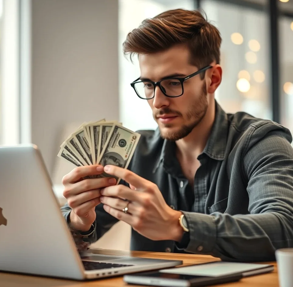 Persona celebrando éxito con laptop y dinero gracias a ganar dinero con adsense